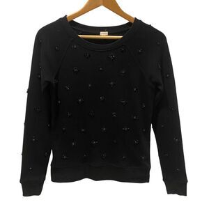 J.Crew Embellished Beaded Sequin Black Sweater Top 100% Cotton Women's XXS